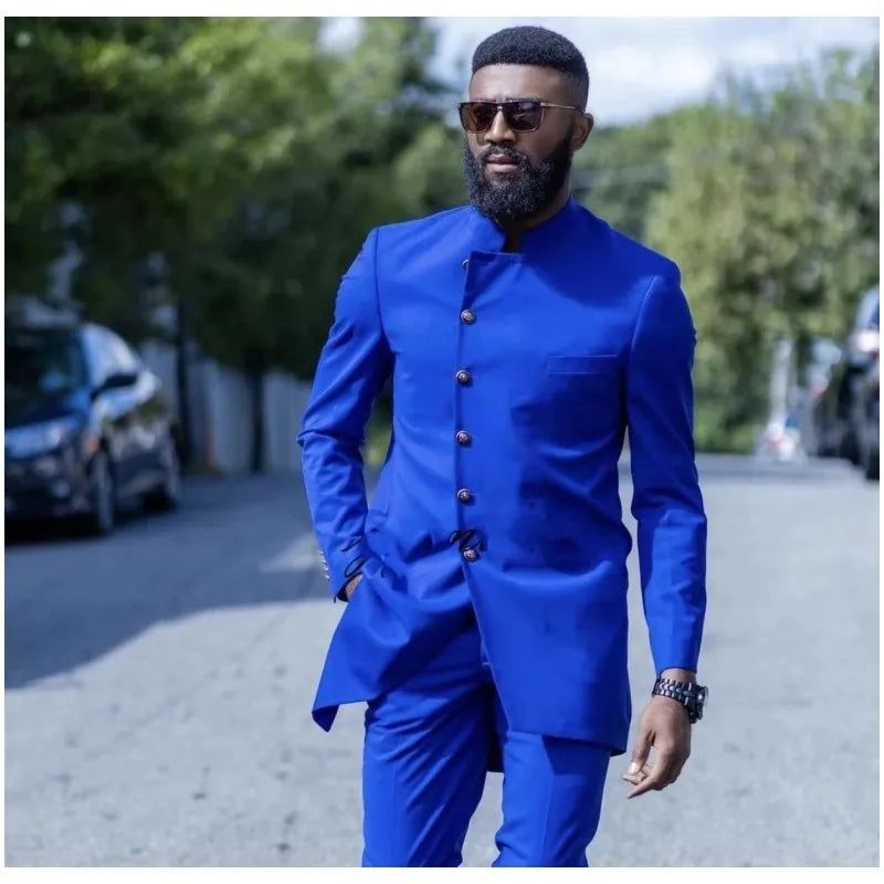 2025 New Royal Blue Stand Collar Wedding Men Suits Groom Wear Tuxedos Slim Fit Prom Blazer Terno Masculino 2 Pcs Jacket+Pants