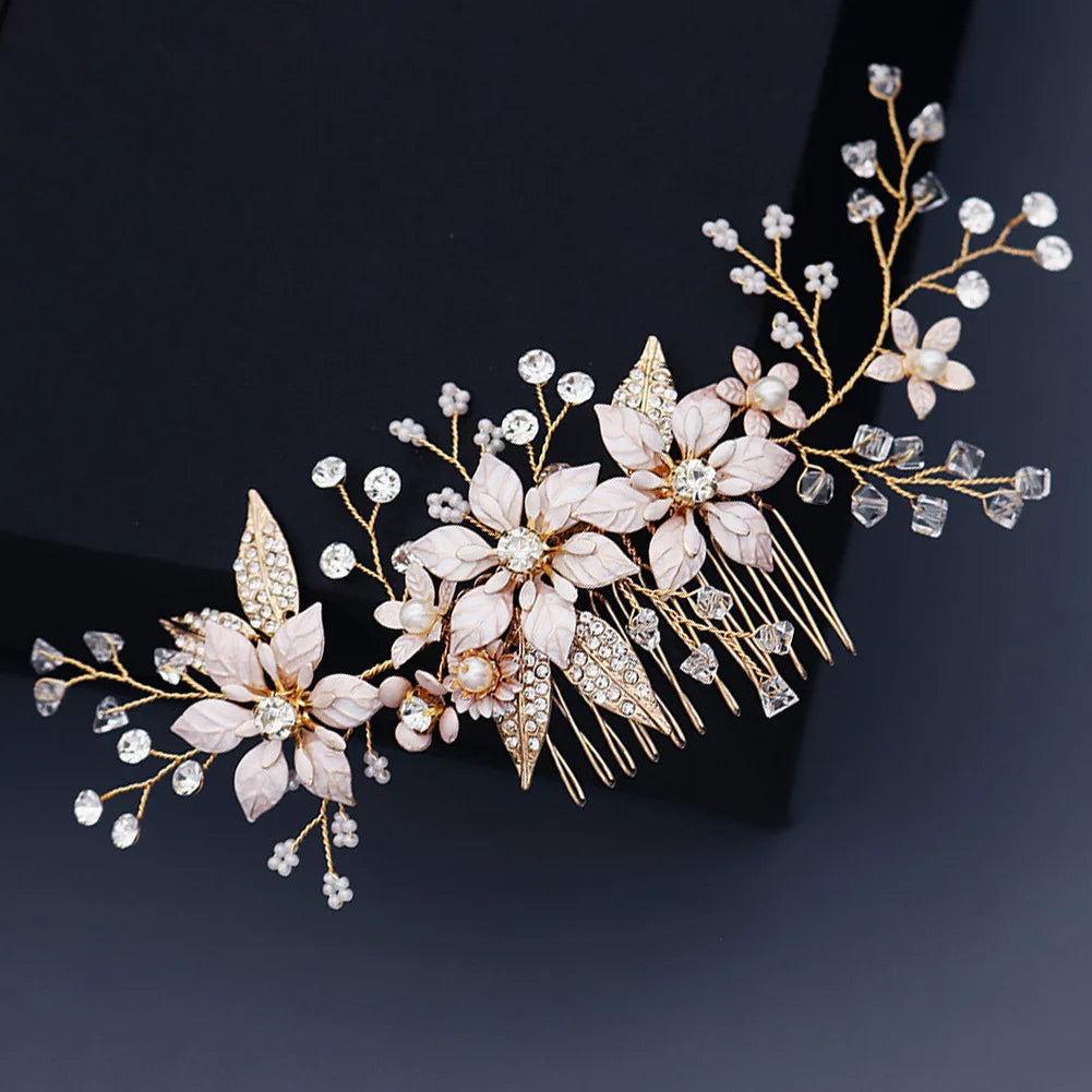 SLBRIDAL Handmade Alloy Leaf Golden Crystal Rhinestones Wedding Hair Comb Bridal Headpiece Hair Accessories Women Jewelry