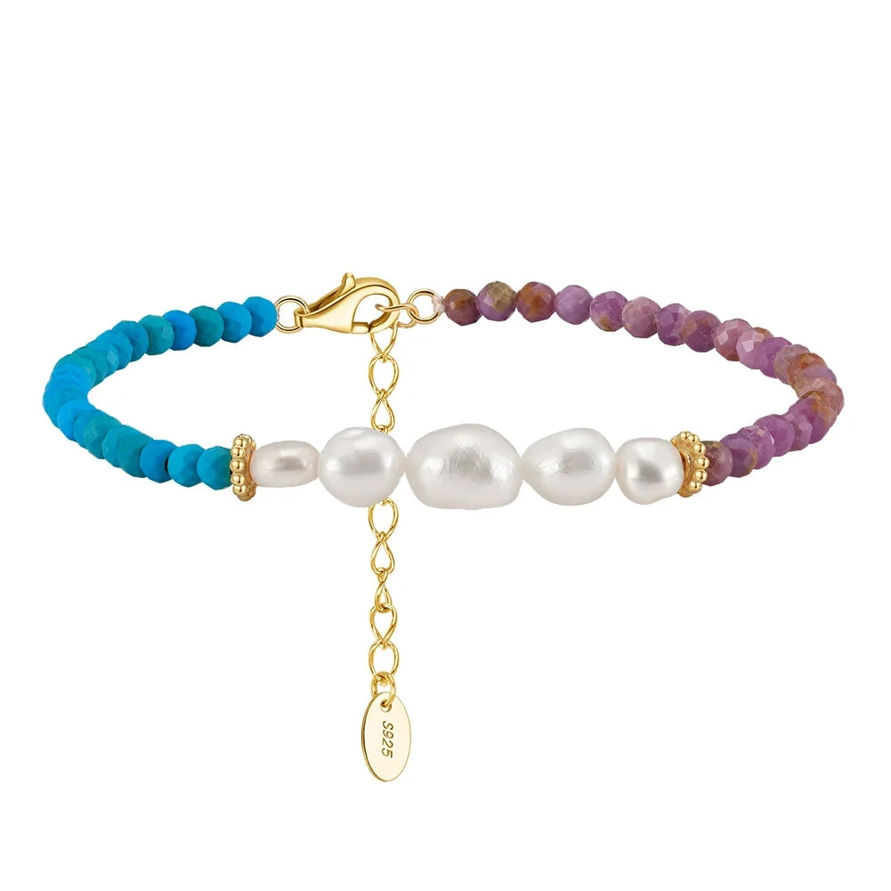 RINNTIN MPB04 Custom Valentine's Day Jewelry Pearl Turquoise Bead Bracelet 14k Gold Plated 925 Sterling Silver Chain