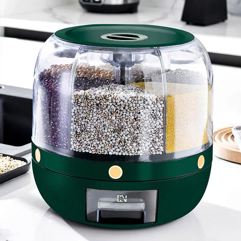 2024 Rice Container Dispense Plastic Kitchen Moisture-Proof 6-Grid Rotating Food Grain Dispenser Cereal Storage Box