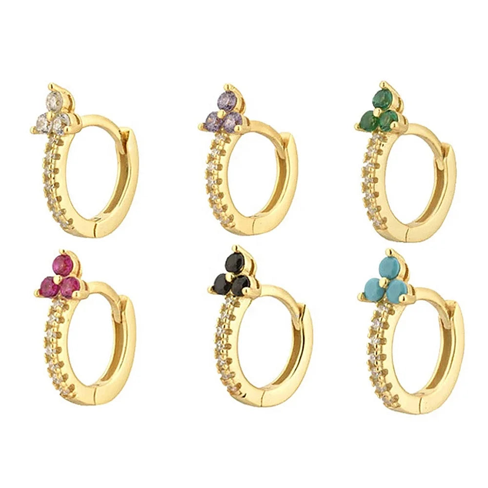YHE0183 925 Sterling Silver White Blue Huggies Black Crystal Zircon Clover Hoop Piercing 9mm Circle Round Rock Punk Fine Jewelry