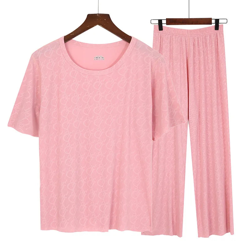 Summer Women Thin Pajamas Suit Ice Silk Home Clothes Short-sleeved Trousers Two-piece Set