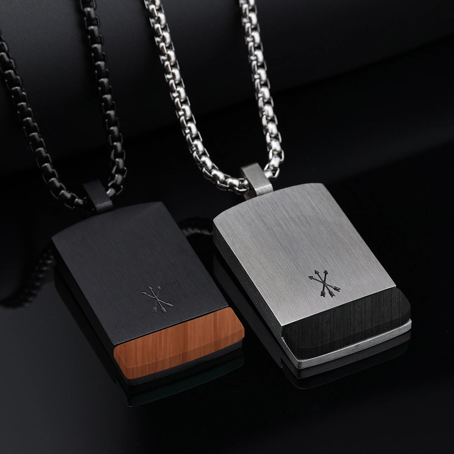 Custom Wholesale 316L Stainless Steel Men's Necklace Pendant Inlay Natural Wood Trendy Fashion Charm Geometric Design Black PVD