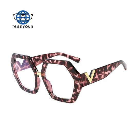 Teenyoun Eyewear Elegant Oversized Polygon Leopard Frame Glasses Vintage Women Anti Blue Light Optical Eyeglasses for