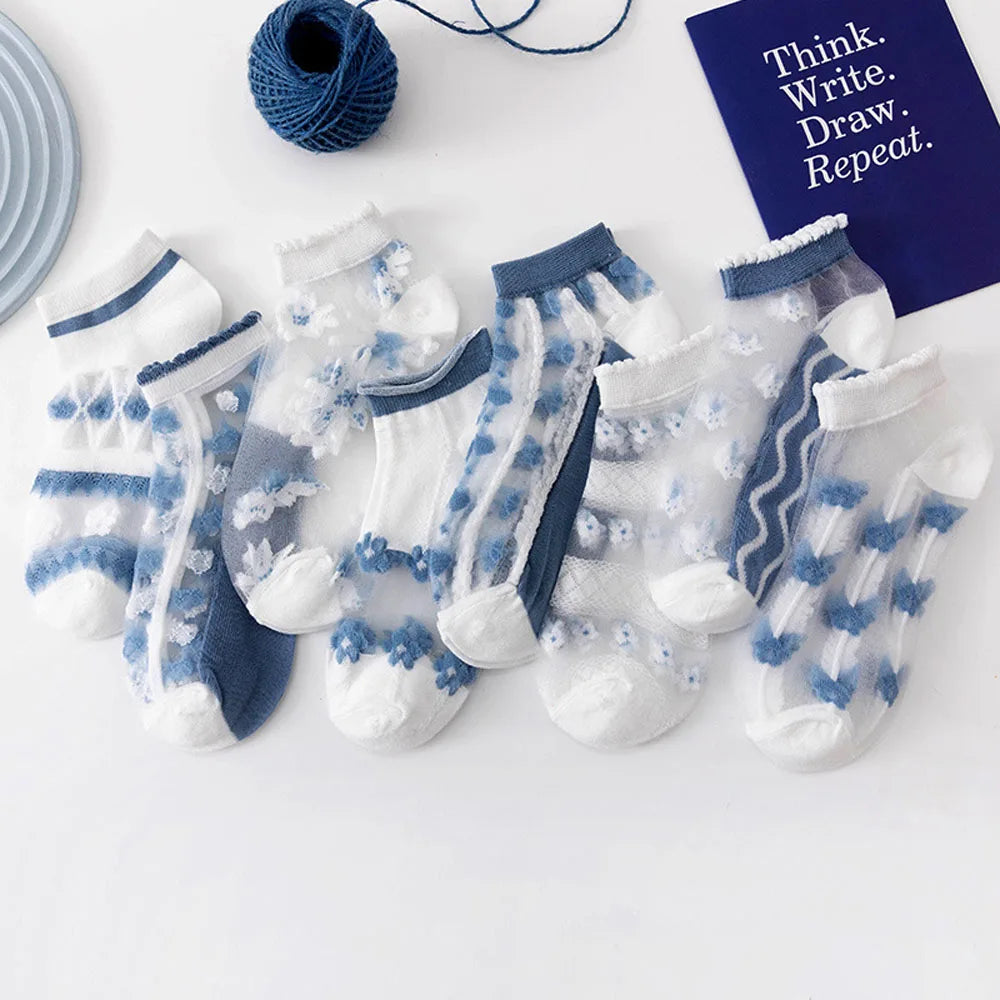 Women's Summer Spring Blue Flower Mesh Ankle Socks Low Cut Breathable Knitted Striped Pattern Daily Use Thin Girls Body Cuff