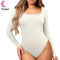 Women's Long Sleeve Square Neck Yoga Rompers Knitted Ribbed Tribe Sport Jumpsuits for Autumn Workouts
