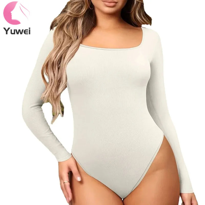 Women's Long Sleeve Square Neck Yoga Rompers Knitted Ribbed Tribe Sport Jumpsuits for Autumn Workouts