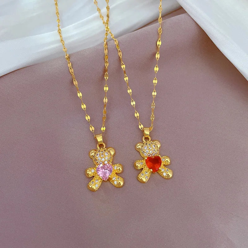 Delicate Stainless Steel Link Chain Crystal CZ Bear Necklaces Shiny Iced Out Cubic Zirconia Small Bear Choker Necklace