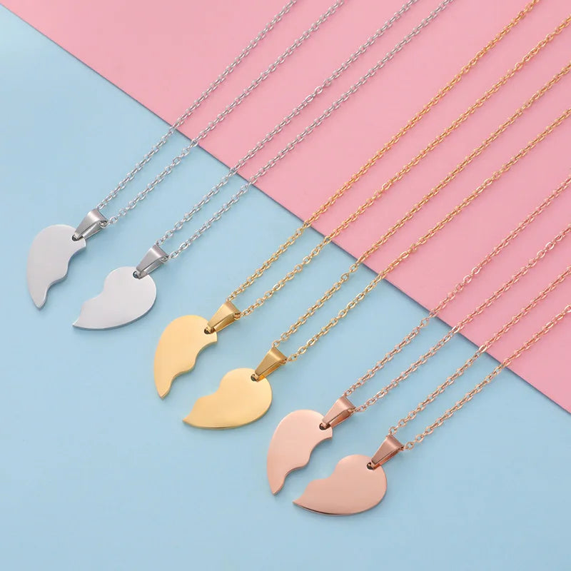 Split Heart Shaped Personalized Fashion Stainless Steel Couple Love Combination Set DIY Customizable Engraved Pendant Necklace