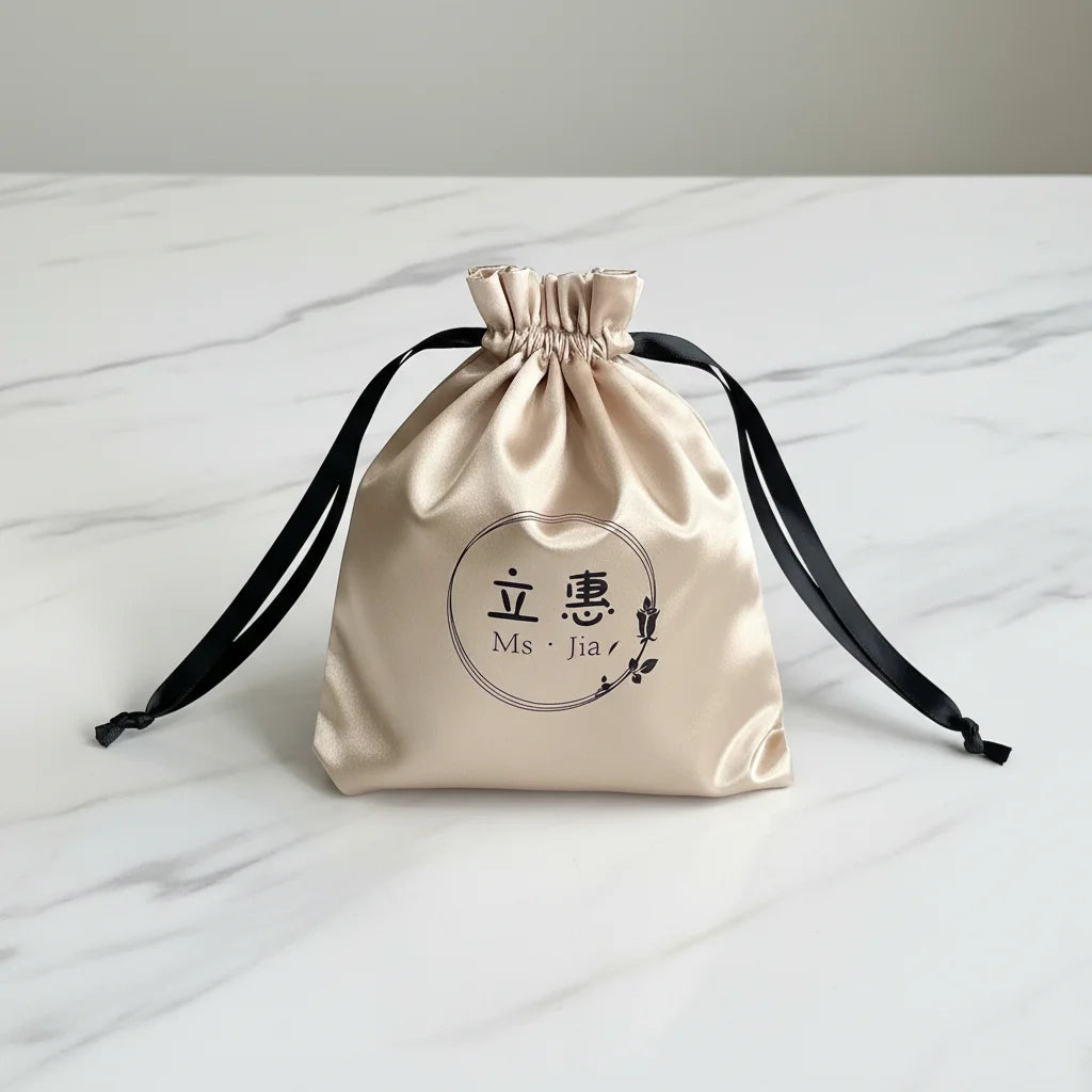 Custom Logo Satin Pouch Gold Makeup Gift Clothing Drawstring Bag with Extensions Textile Packaging