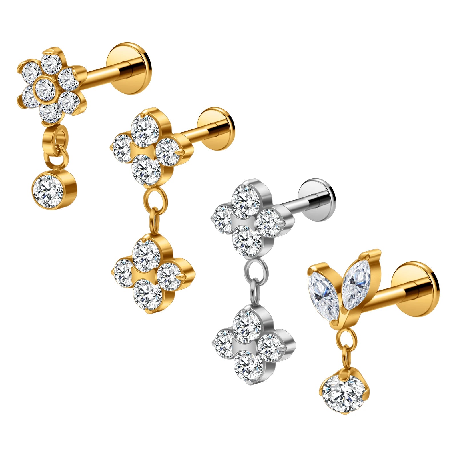 G23 Titanium 16G Ear Piercing Double CZ Flower Dangle Flat Back Stud Fashion Earrings Labret Lip Helix Tragus Party Jewelry