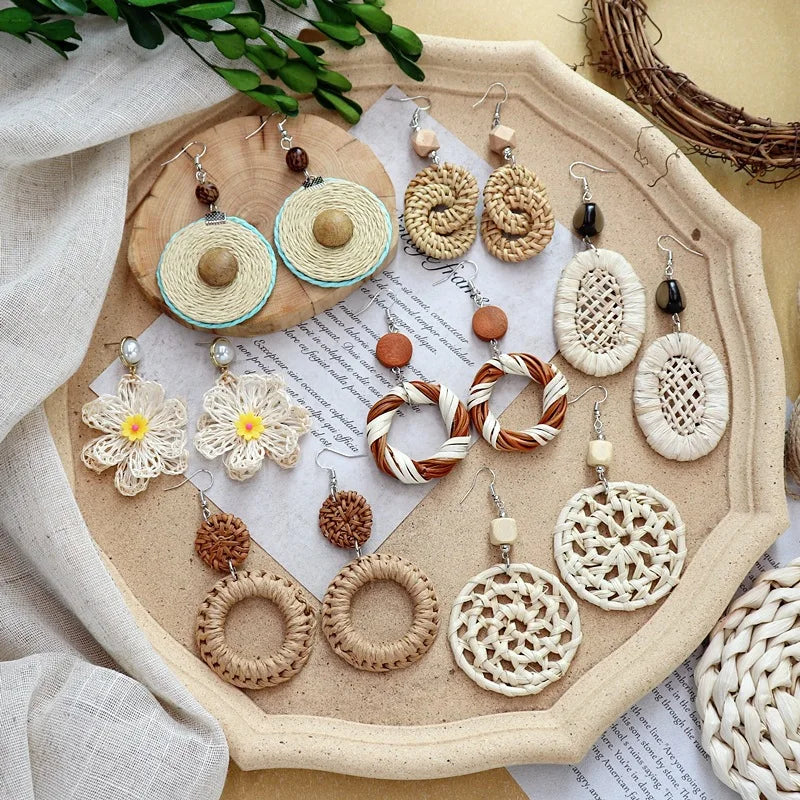 Handmade Natural Wooden Straw Braid Drop Earrings 22 Styles Korean Fashion Rattan Earrings for Women