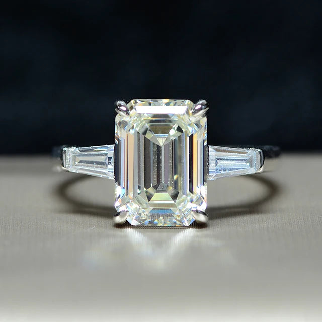 925 Sterling Silver Emerald Cut Ring Rhodium Plated Classic White Zircon Ring for Women
