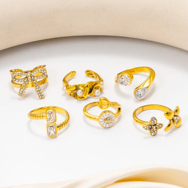 Powell Wholesale Classic Custom Stainless Steel Women's Jewelry Gold Plated Finger Rings Gemstone Pearl CZ Zircon Couple's