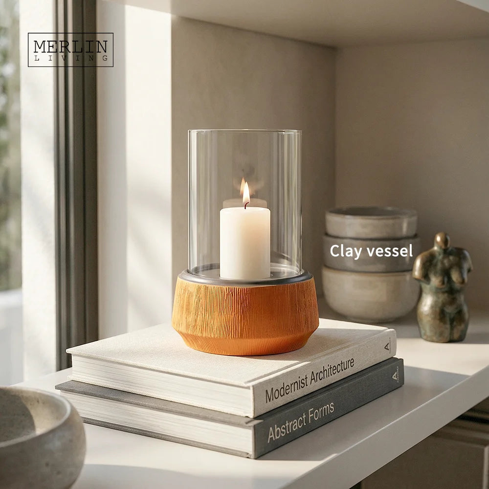 Merlin Living Glass Cover Pillar Candles Stick Vertical Stripes Macaron Tea Light Home Decor With Ceramic Candle Holders