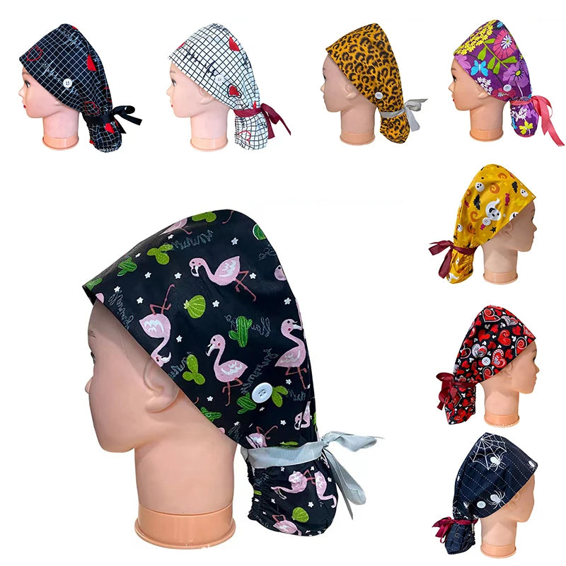 Long Hair Nurse Scrub Elastic Caps with Buttons