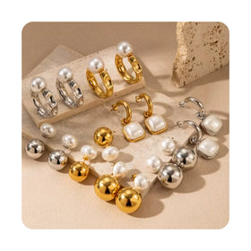 Waterproof Women's Aretes Elegant Geometric 18k Gold-Plated Stainless Steel Pearl Pendant Earrings Hoops for Wedding or Gift