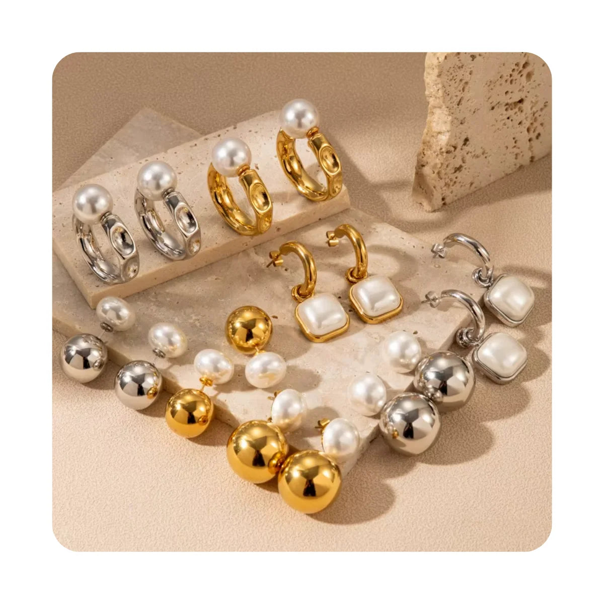 Waterproof Women's Aretes Elegant Geometric 18k Gold-Plated Stainless Steel Pearl Pendant Earrings Hoops for Wedding or Gift