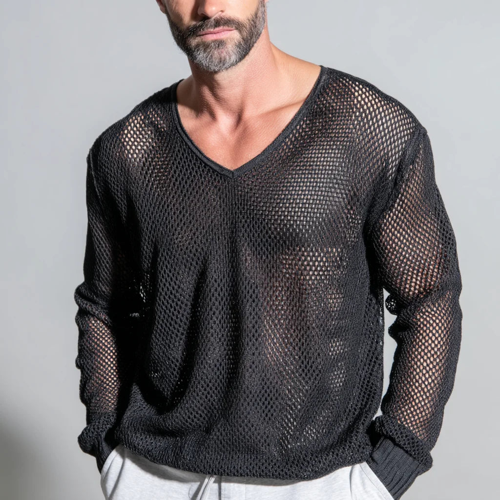 Men's Mesh-Knit V-Neck Sweater Lightweight Breathable Pullover for Warm Weather Viscose Knit Top