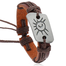 Wholesale Vintage Sun Moon Handmade Woven Alloy & Leather Antique Silver Plated Wrap Bracelet Unisex