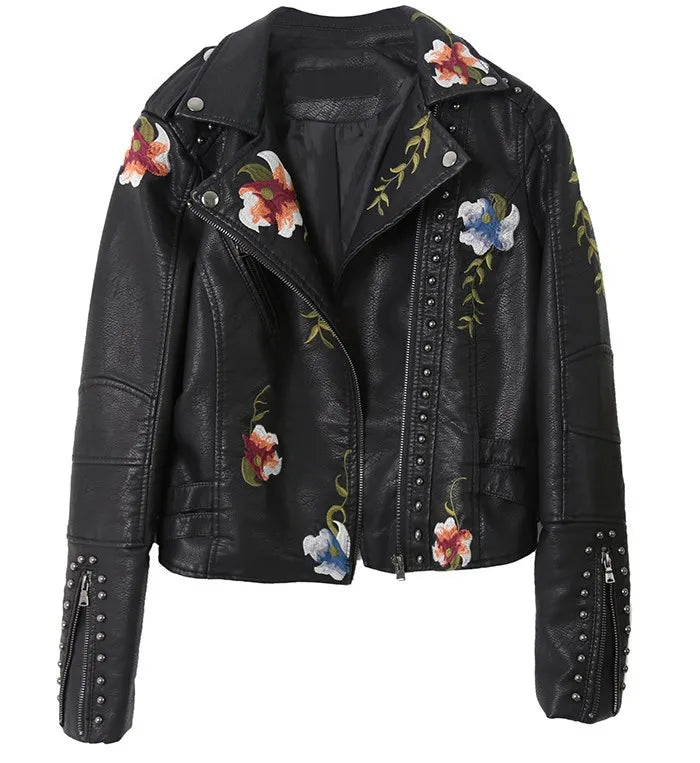 S-XXL Spring Temperament Embroidered Rivet Women's PU Heavy Metal Fashion Leather Clothes Women's Short Jacket