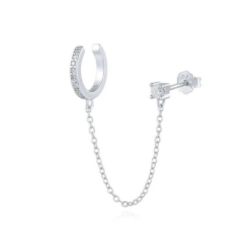 1 Piece Luxury 925 Sterling Silver Non Piecing Cuff Earrings Pave Full Zirconia Diamond Stud Earrings for Women