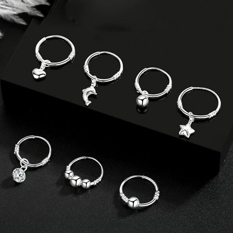 Tiny S999 Sterling Silver Hoop Earrings With Star Heart Moon Cross Key Tearsdrop Dolphin Charm