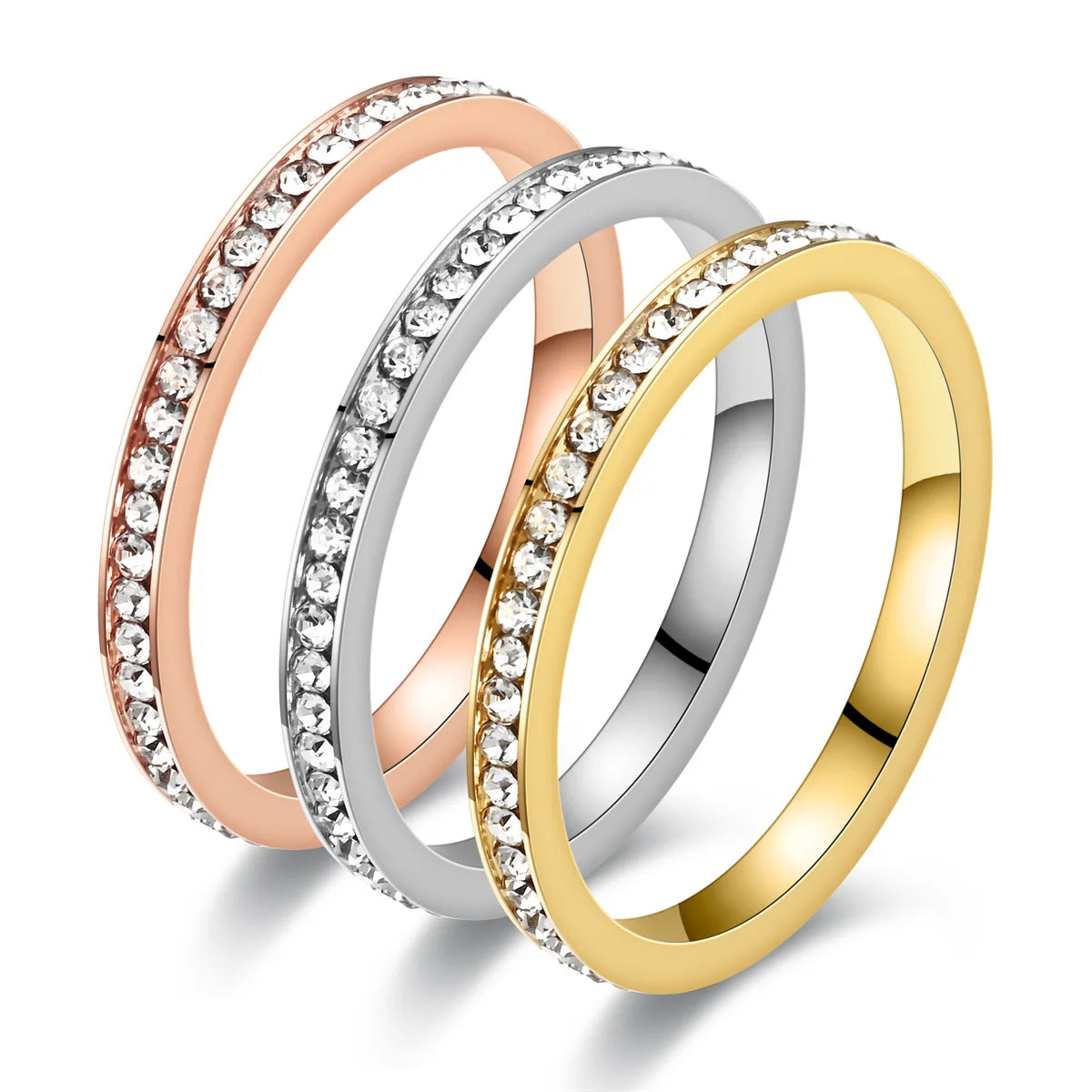 2MM Simple Thin Women Finger Ring Crystal Diamond Stainless Steel Ring