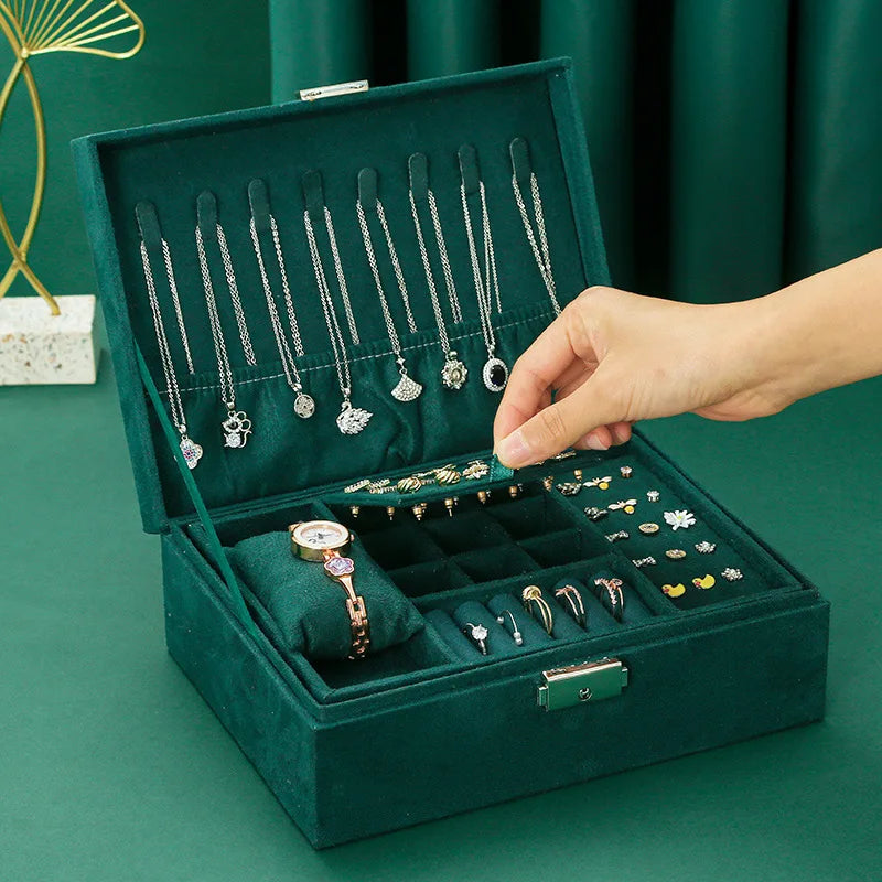 2025 Luxurious Velvet Multi-Layer Jewelry Box with Metal Lock Large Capacity Necklace Watch Storage Box for Gift