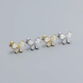 Piercing Jewelry 925 Sterling Silver Screw Ball Ear Plug Ear Bone Zircon Bowknot Stud Earrings
