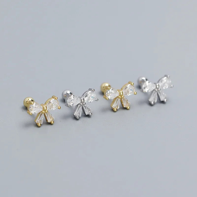 Piercing Jewelry 925 Sterling Silver Screw Ball Ear Plug Ear Bone Zircon Bowknot Stud Earrings