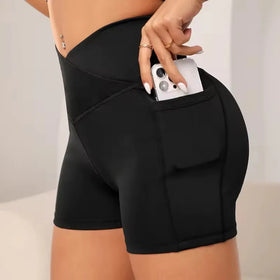 FLW Fashion Women V Front Cross Waist Active Gym Wear Sports Shorts Yoga Shorts With Pockets