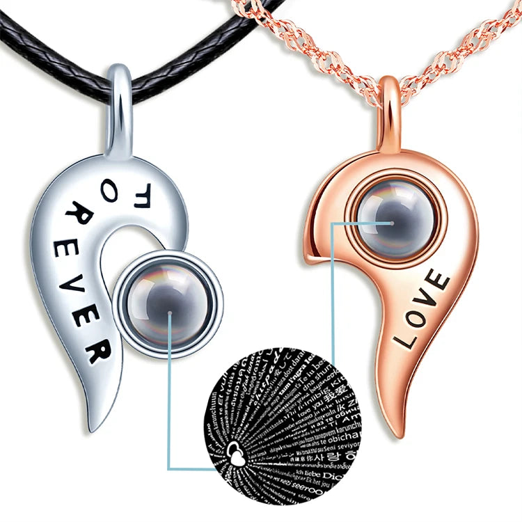100 Languages FOREVER LOVE Alphabet Necklace Half Heart Projection Necklace for Couple