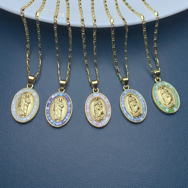 NZ1414  18k Gold Pink Blue Green Shell Our Lady of Guadalupe Necklace Religious Jewelry  Saint Jude San Judas Tadeo Necklace