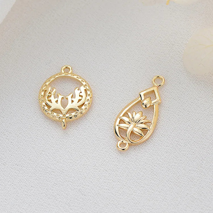 Fashion Design 14K Gold Plated Round Oval Shape Flower Pattern Charm Pendant