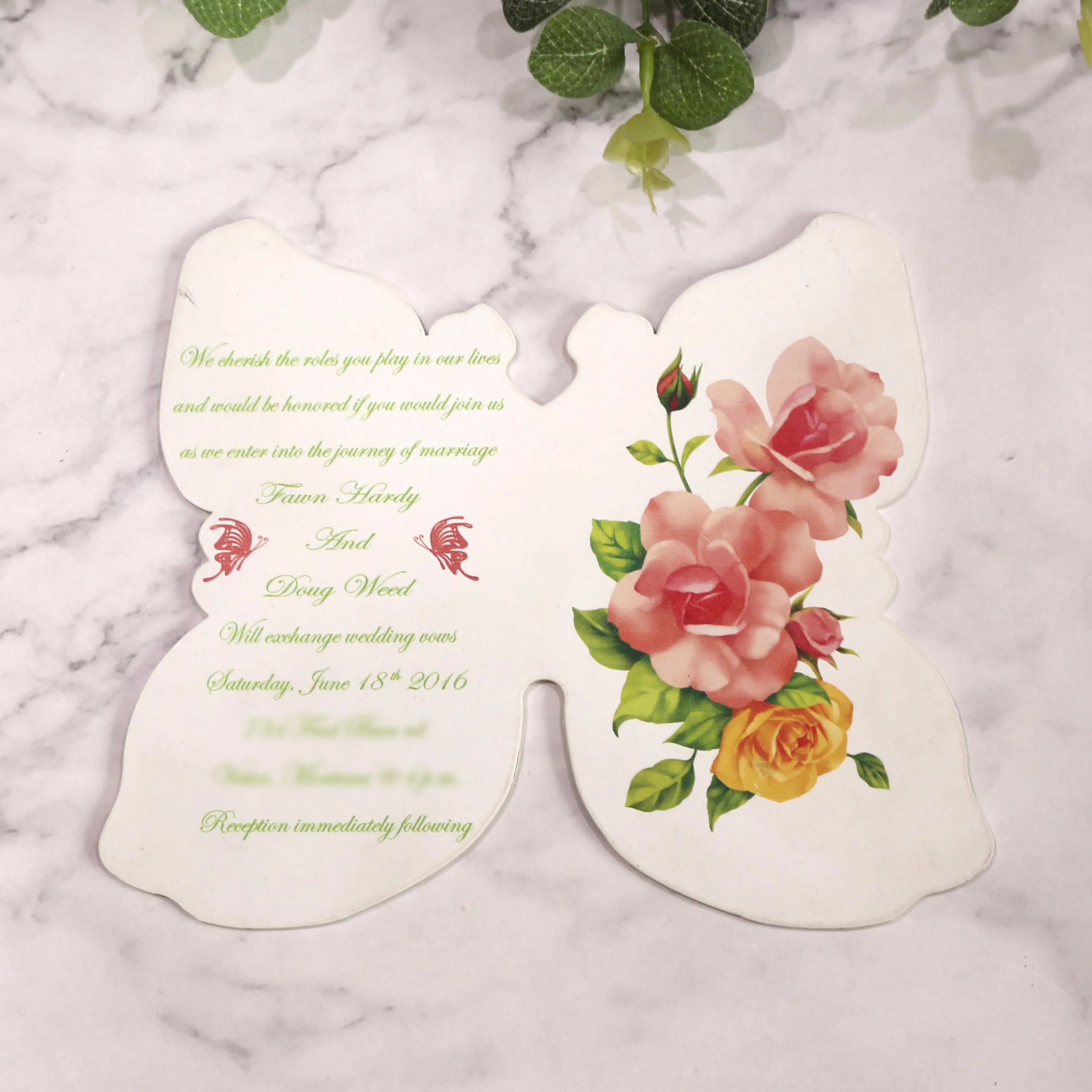UV Printed Butterfly Shape White Acrylic Invitation Card with UV Printing Text and Picture