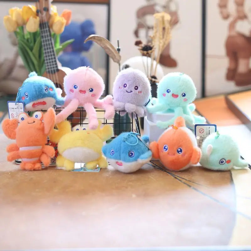 Cute Cartoon Dolphin Shark Turtle Whale Octopus Lobster Shell Ocean Animal Plush Keychain Fluffy Stuffed Bag Charm Pendant Toys