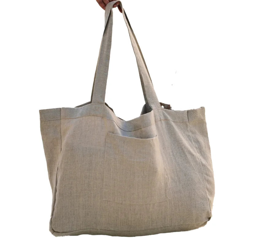 Custom Logo Eco Friendly Plain Linen Shoulder Bag Soft Natural Linen Beach Tote Bag