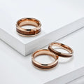 Trendy Fashion Fine Jewelry Rose Gold Plated Tungsten Ring Men Women Wedding Band Barrel Oak Wood Inlay Beveled Comfort Fit