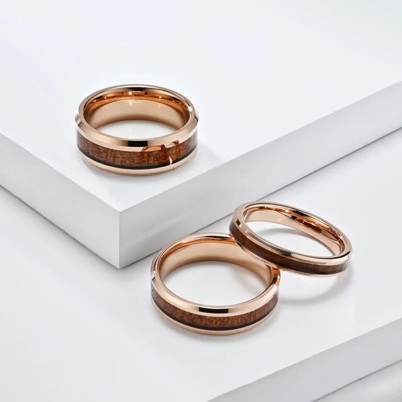 Trendy Fashion Fine Jewelry Rose Gold Plated Tungsten Ring Men Women Wedding Band Barrel Oak Wood Inlay Beveled Comfort Fit