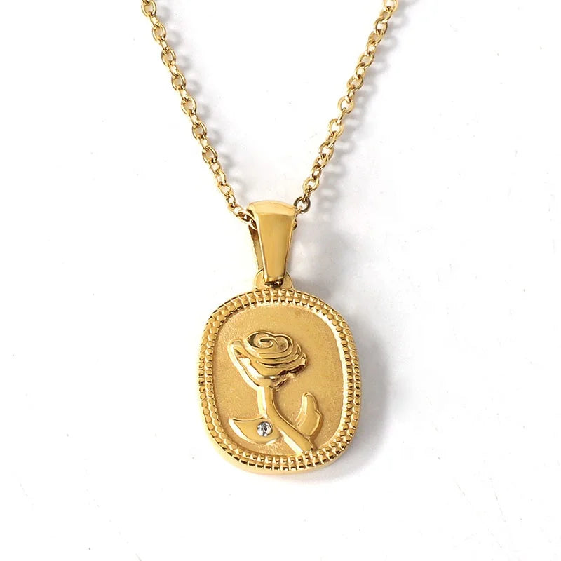 18K Gold Plated Stainless Steel French Vintage Style Rose Flower Pendant Necklace Jewelry