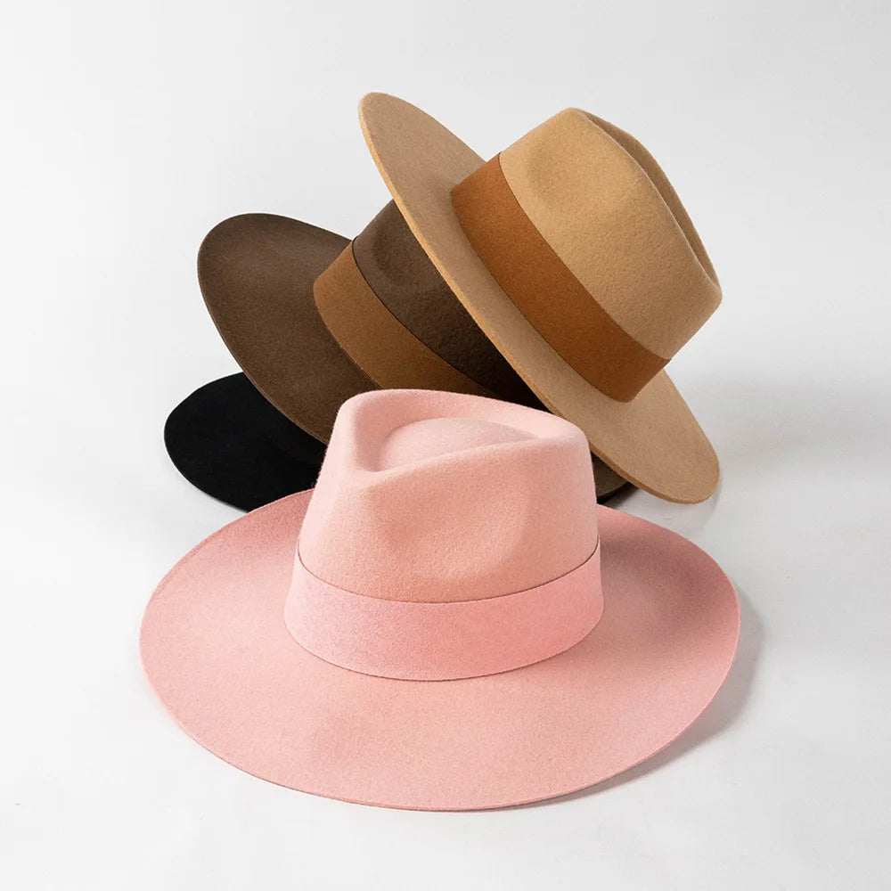 Fashion Custom Australian 100% Wool Felt Multiple Colors Ribbon Stiff Hard Flat Wide Brim Fedora Hats