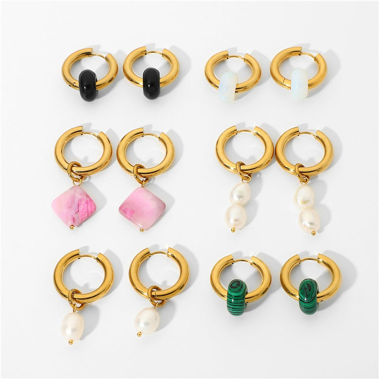 Luoyan Fashion Jewellery Hypoallergenic Custom Turquoise Pearl Bead Drop Circle Hoop Multi Gemstone Earrings for Women Gift
