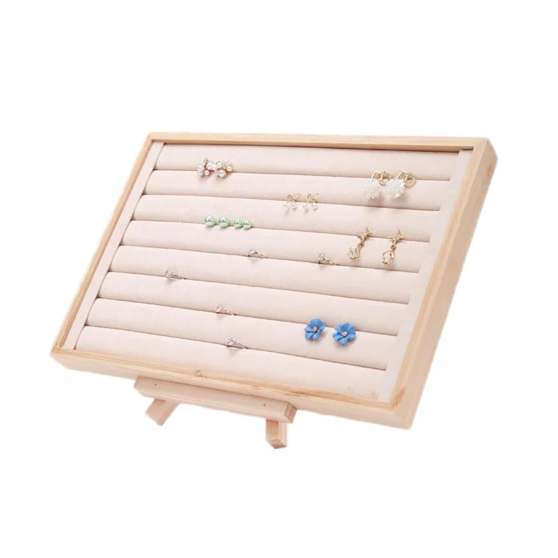Bamboo Wood Grooved Velvet Leather Rings Earrings Jewelry Display Tray Organizer Jewelry showcase Trays for Shop Display MegaBDM