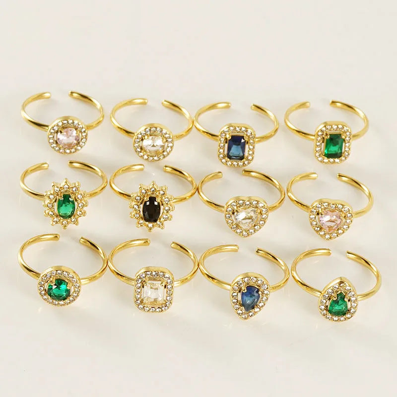 18K Gold Plated Stainless Steel Rings Wedding Statement Jewelry Open Adjustable Zircon Ring for Women