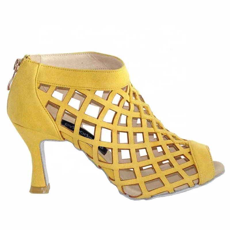 Evk3509 Women's Professional Latin Salsa Ballroom Dance Shoes with 7cm Heel Yellow Nubuck Suede Outsole Indoor Performance