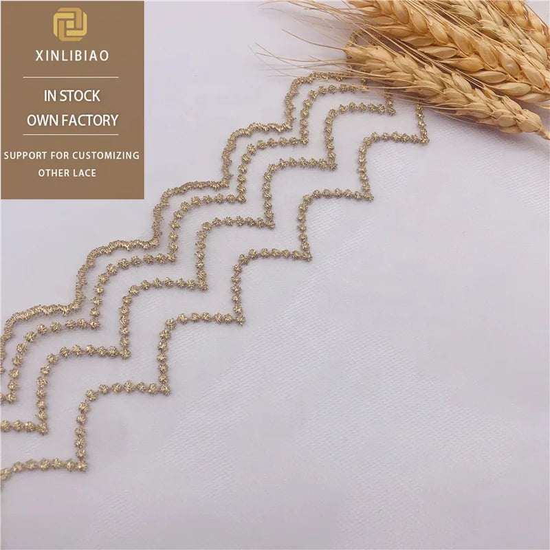 100% Polyester Eco-Friendly Gold Yarn Guipure Border Lace Trim Rhinestones Embroidered Lace for Shoes Bags Yard Per Kg