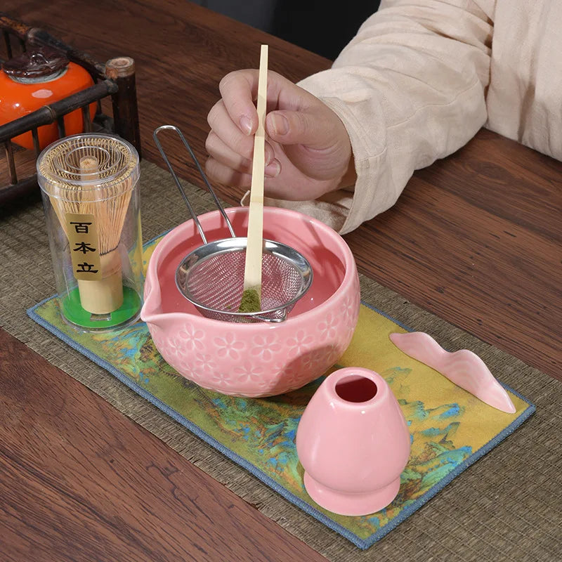 Customize Color Tea Set Small Ceramic Japanese Pink Green White Matcha Bowl Set  Whisk Stand for Matcha Tea