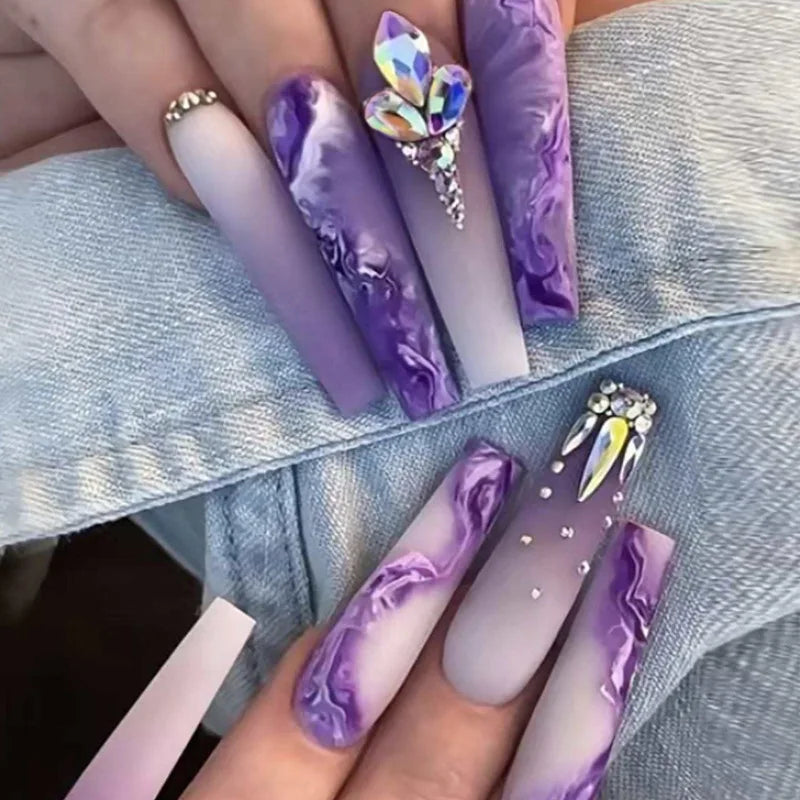 Wholesale 24-Piece Gradient Purple ABS Artificial Press-On Nails Ballerina Shape with Point Drill for Finger Application