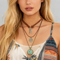 3Pcs/Set Trendy Metal Feather Glass Gem Pendant Necklace for Women Retro Ladies Daily Leather Rope Necklace Fashion Jewelry Gift